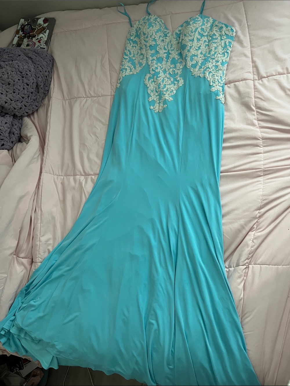 Johnathan Kayne Aqua Evening Gown with Ivory Lace Appliqué